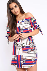 Beige and Red Floral Bardot Dress - Zhen-Dresses