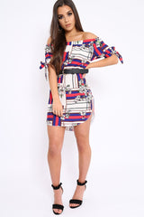 Beige and Red Floral Bardot Dress - Zhen-Dresses