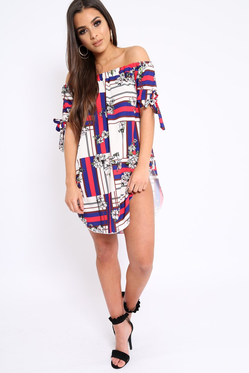 Beige and Red Floral Bardot Dress - Zhen-Dresses