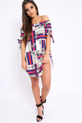 Beige and Red Floral Bardot Dress - Zhen-Dresses