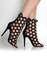 Bella Black Suede Caged Lace Up Heels-Heels