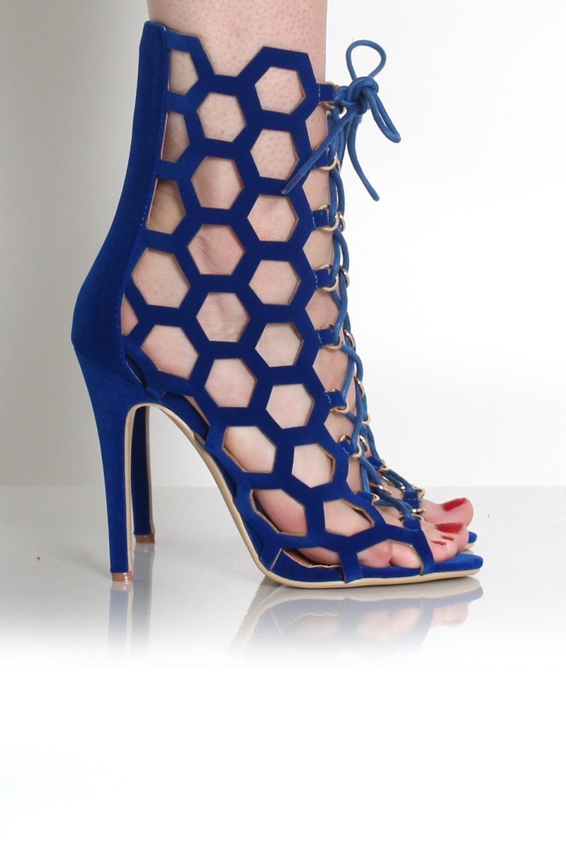 Bella Blue Suede Caged Lace Up Heels-Heels