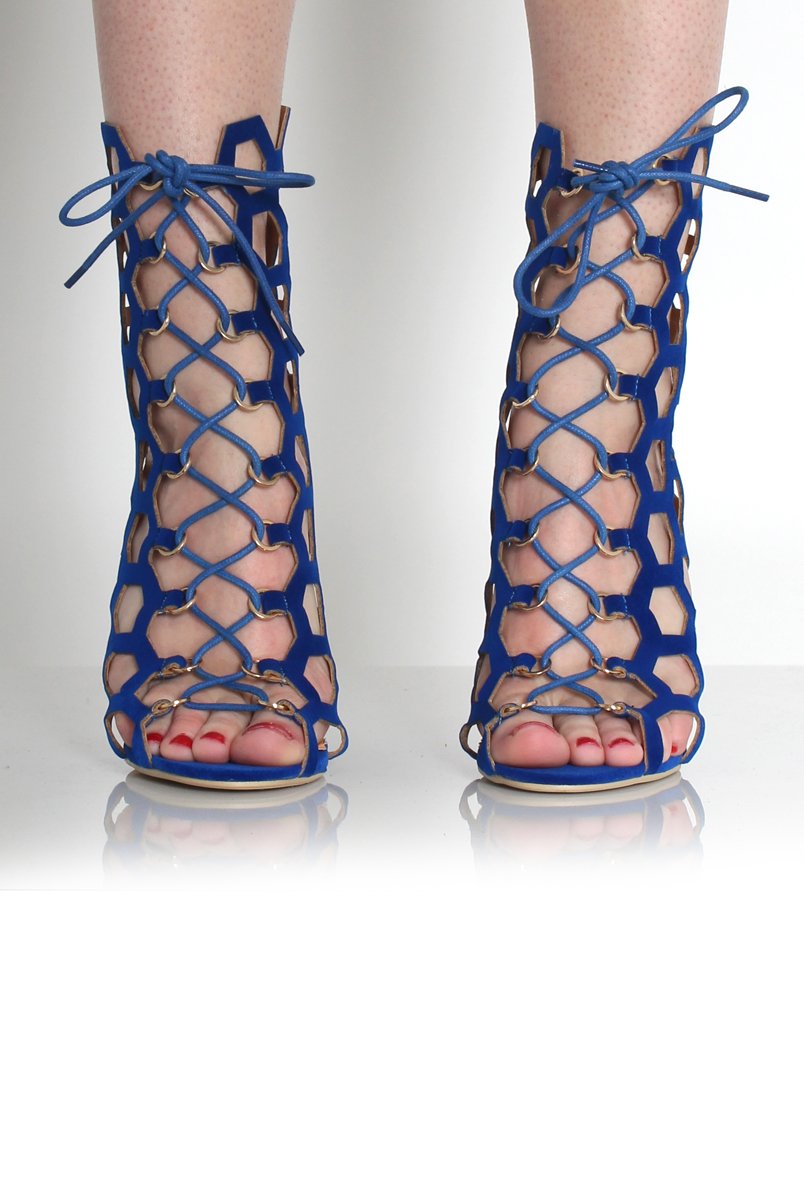 Bella Blue Suede Caged Lace Up Heels-Heels