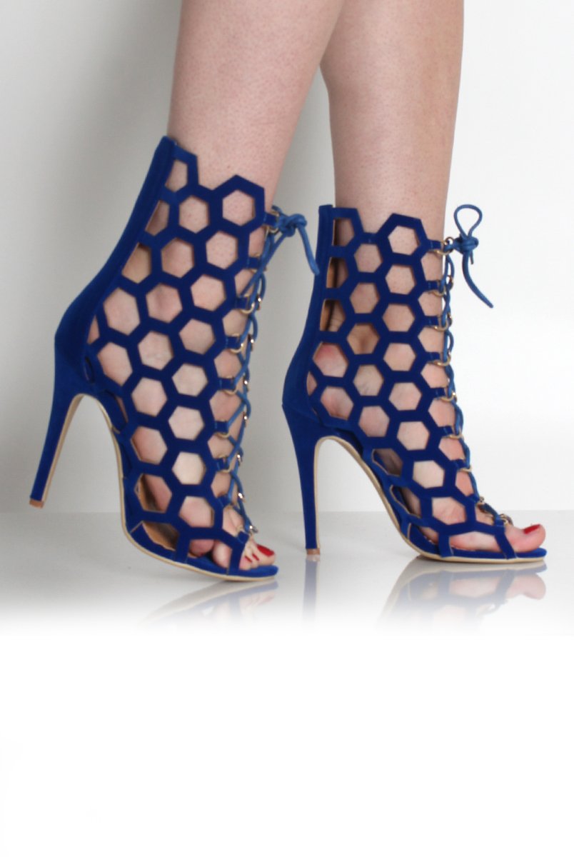 Bella Blue Suede Caged Lace Up Heels-Heels