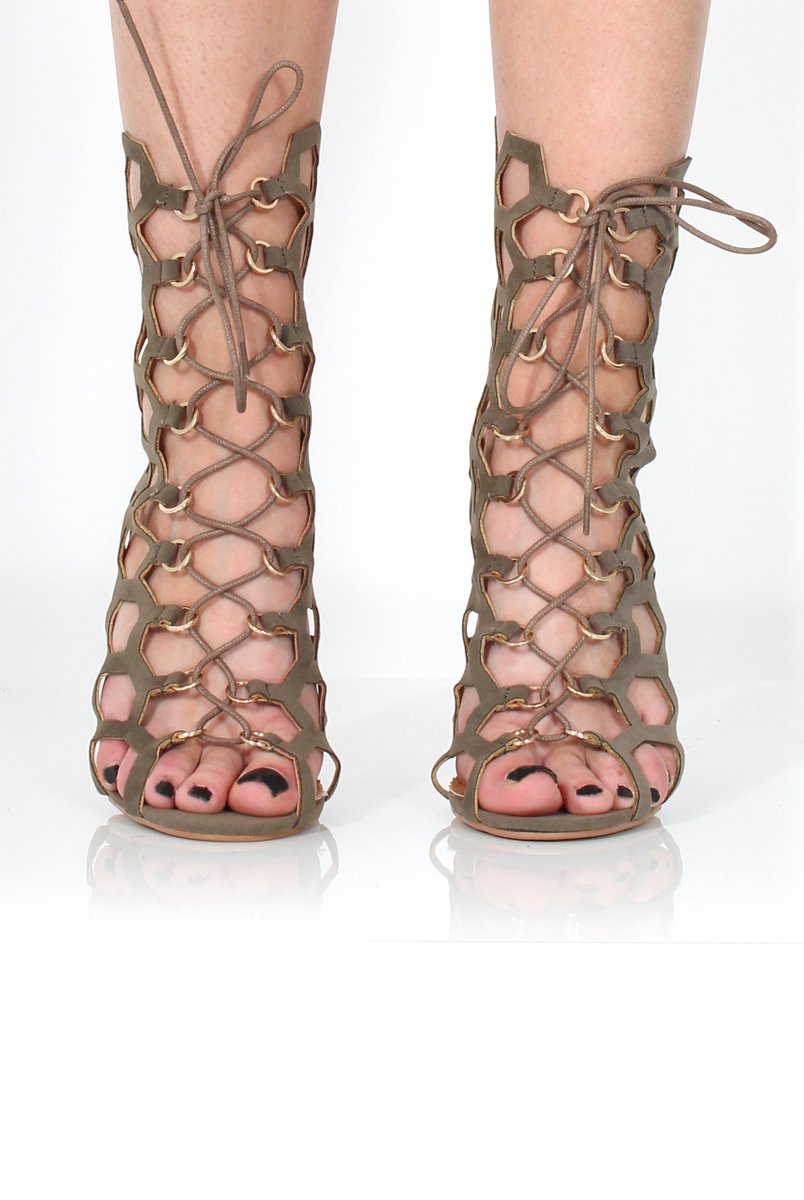 Bella Khaki Suede Caged Lace Up Heels-Heels