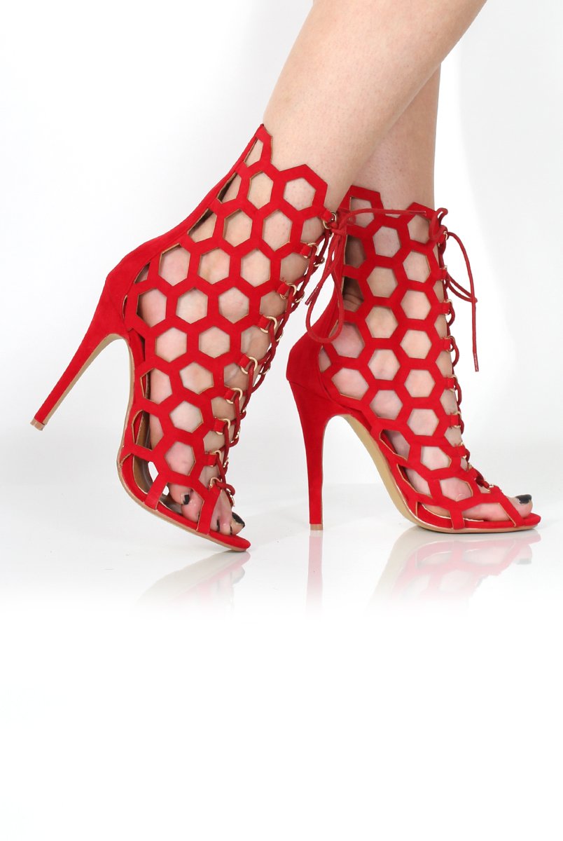 Bella Red Suede Caged Lace Up Heels-Heels