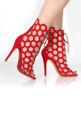 Bella Red Suede Caged Lace Up Heels-Heels