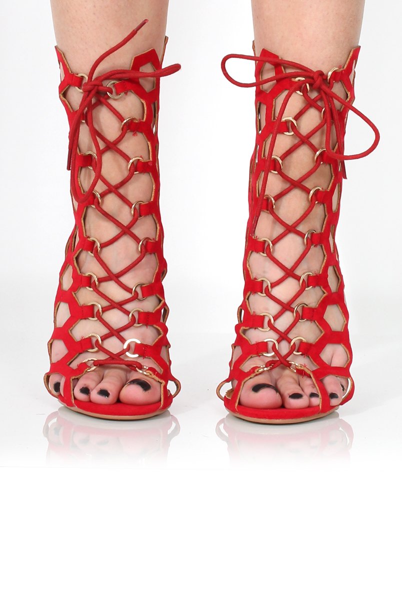 Bella Red Suede Caged Lace Up Heels-Heels