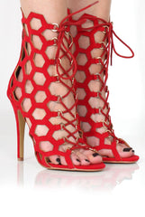 Bella Red Suede Caged Lace Up Heels-Heels
