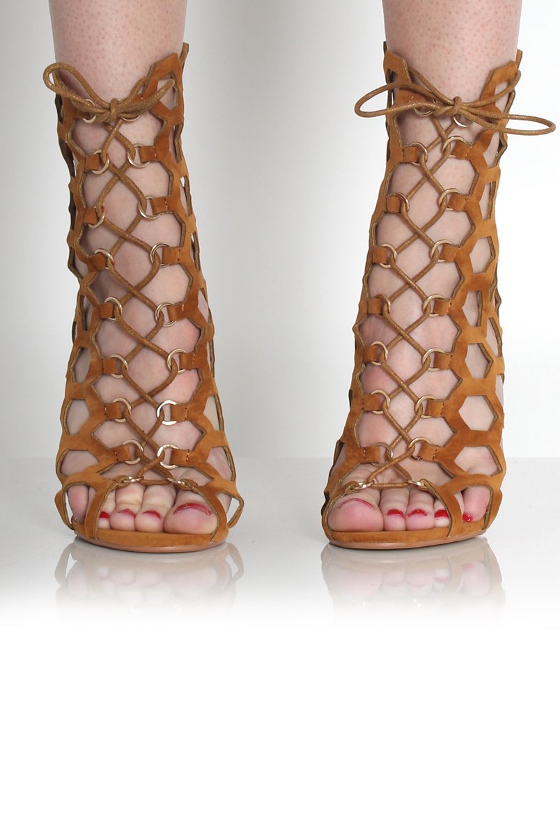 Bella Tan Suede Caged Lace Up Heels-Heels