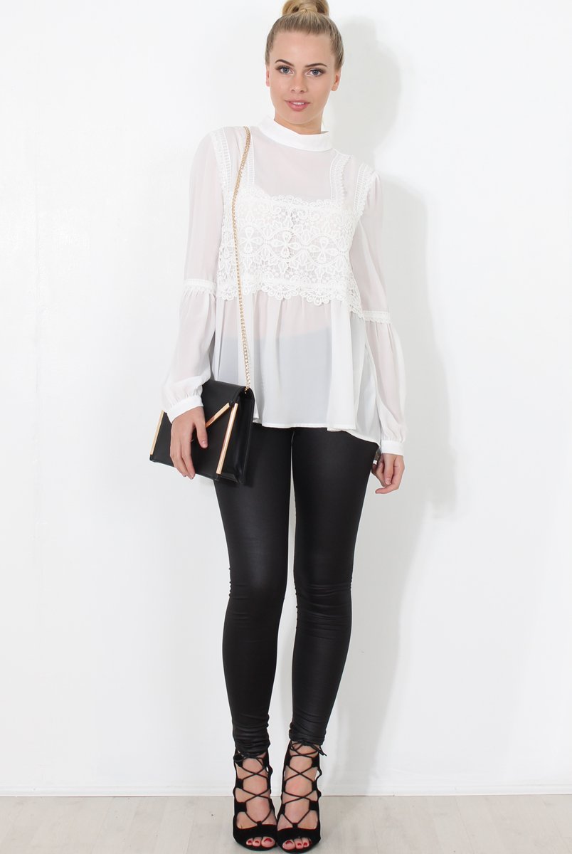 Belle White Crochet Detail Top-Tops