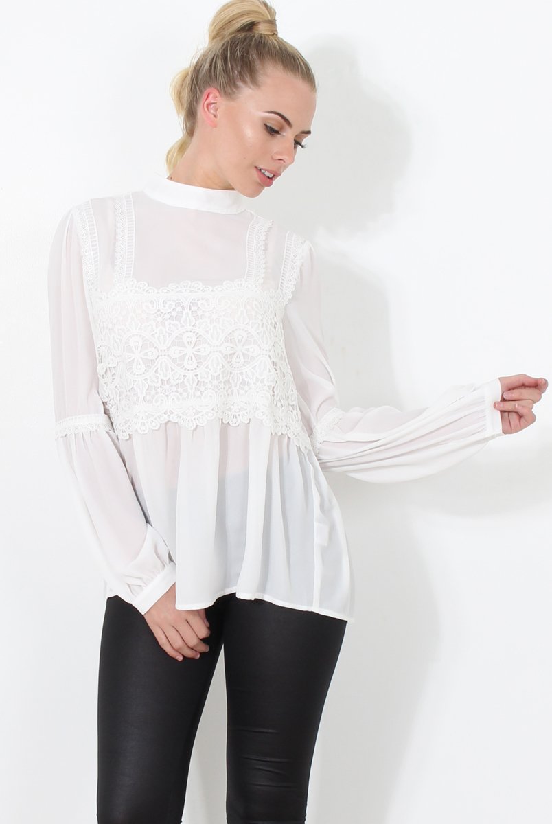 Belle White Crochet Detail Top-Tops