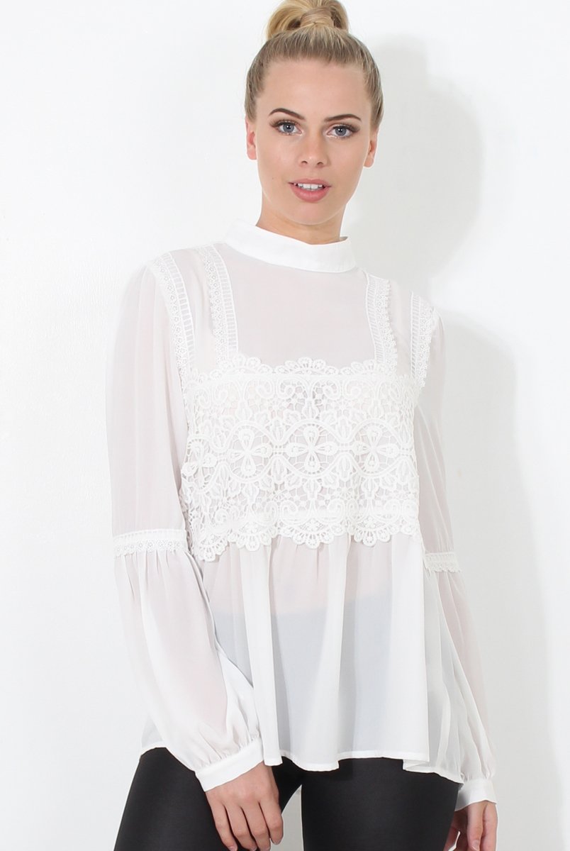 Belle White Crochet Detail Top-Tops