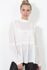 Belle White Crochet Detail Top-Tops