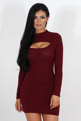 Bess Wine Ribbed Cut Out Dress-Dresses
