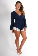 Betsy Navy V Front Crochet Trim Playsuit-Playsuits