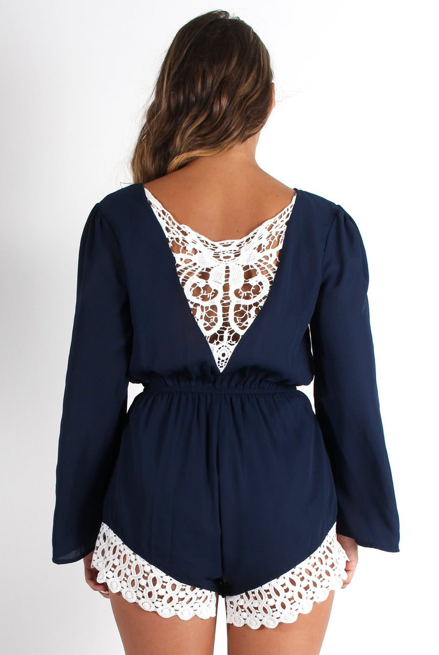Betsy Navy V Front Crochet Trim Playsuit-Playsuits