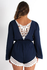 Betsy Navy V Front Crochet Trim Playsuit-Playsuits