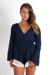 Betsy Navy V Front Crochet Trim Playsuit-Playsuits