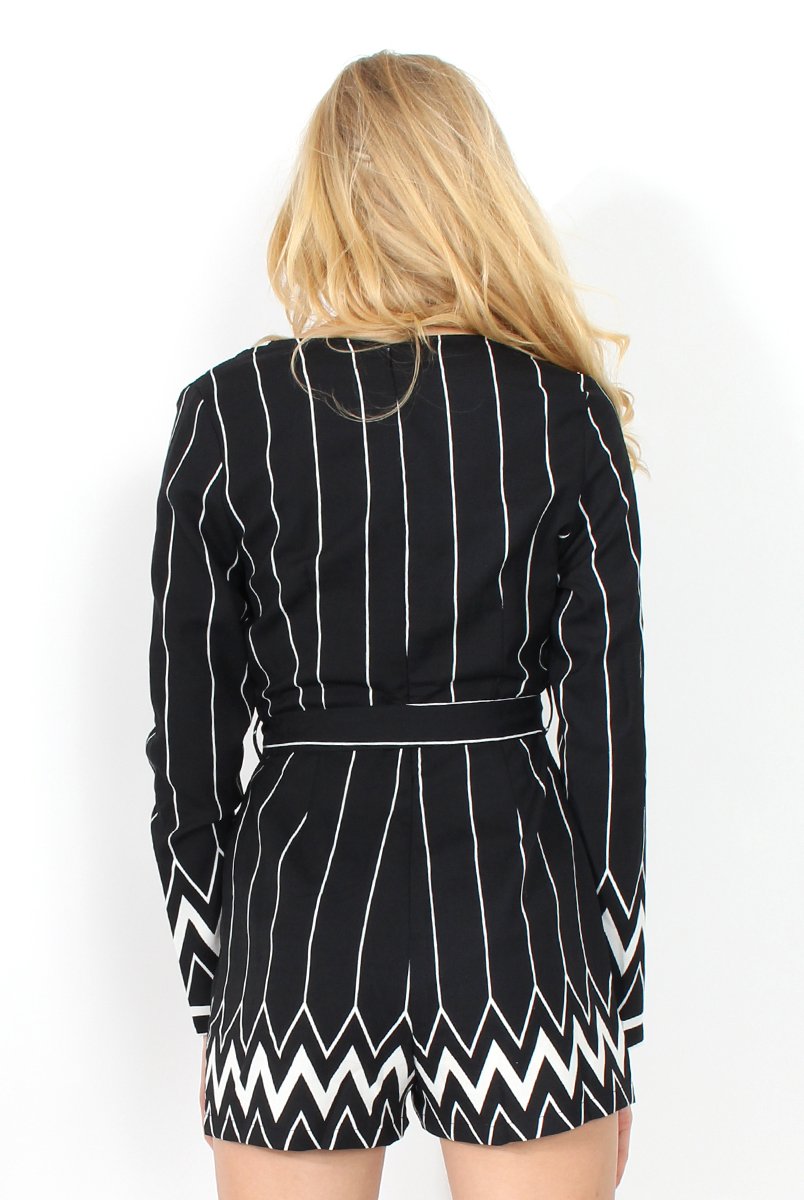 Bevan Black & White Tie Waist Playsuit-Playsuits