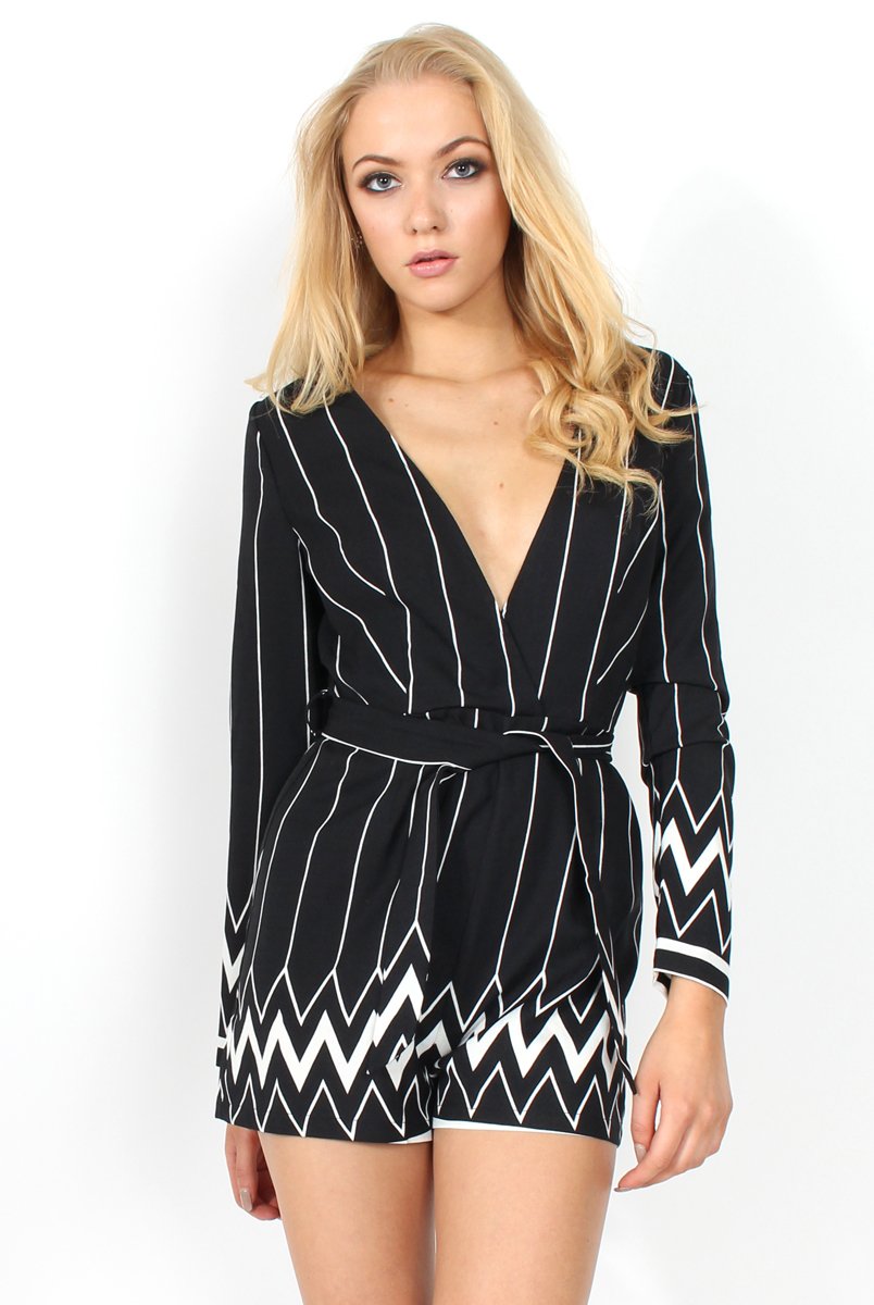 Bevan Black & White Tie Waist Playsuit-Playsuits
