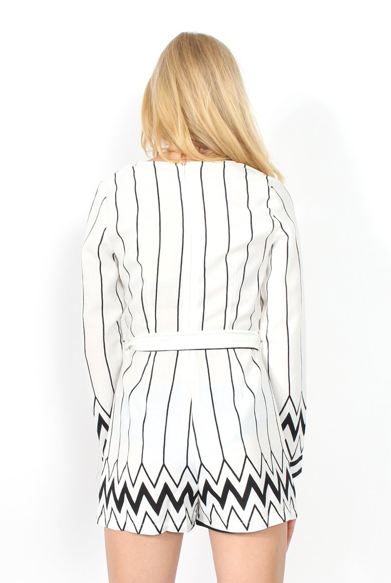 Bevan White & Black Tie Waist Playsuit-Playsuits