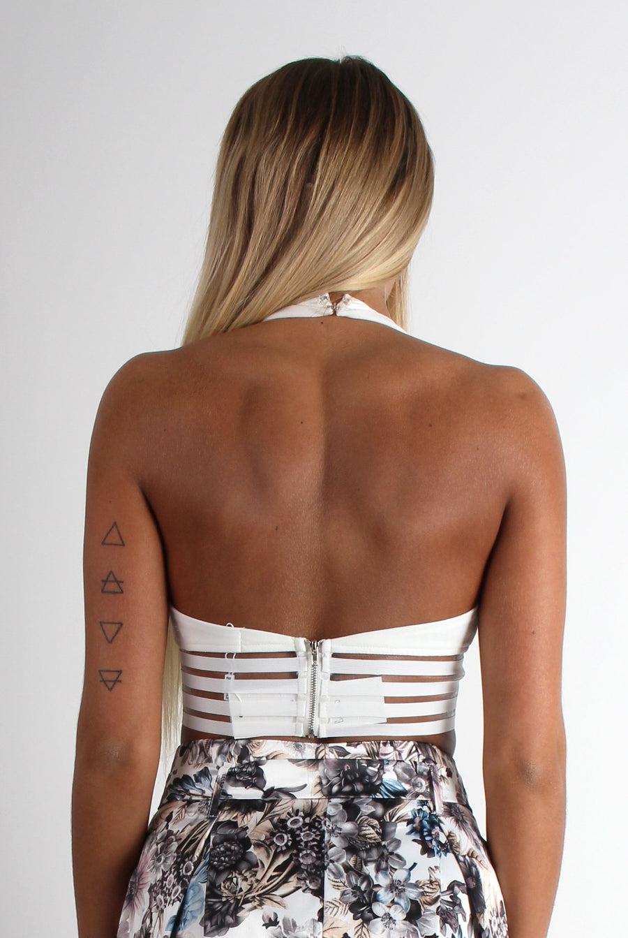 Bisma White Mesh Striped Halter Neck Crop Top-Crop Tops