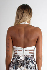 Bisma White Mesh Striped Halter Neck Crop Top-Crop Tops