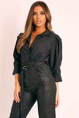 Black 3/4 Sleeve Button Shirt - Gelila-Shirts