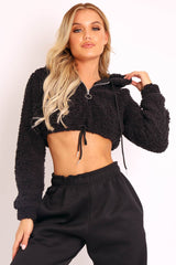 Black 3/4 Zip Cropped Teddy Jumper - Ethelyn-Jumper