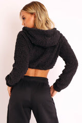 Black 3/4 Zip Cropped Teddy Jumper - Ethelyn-Jumper