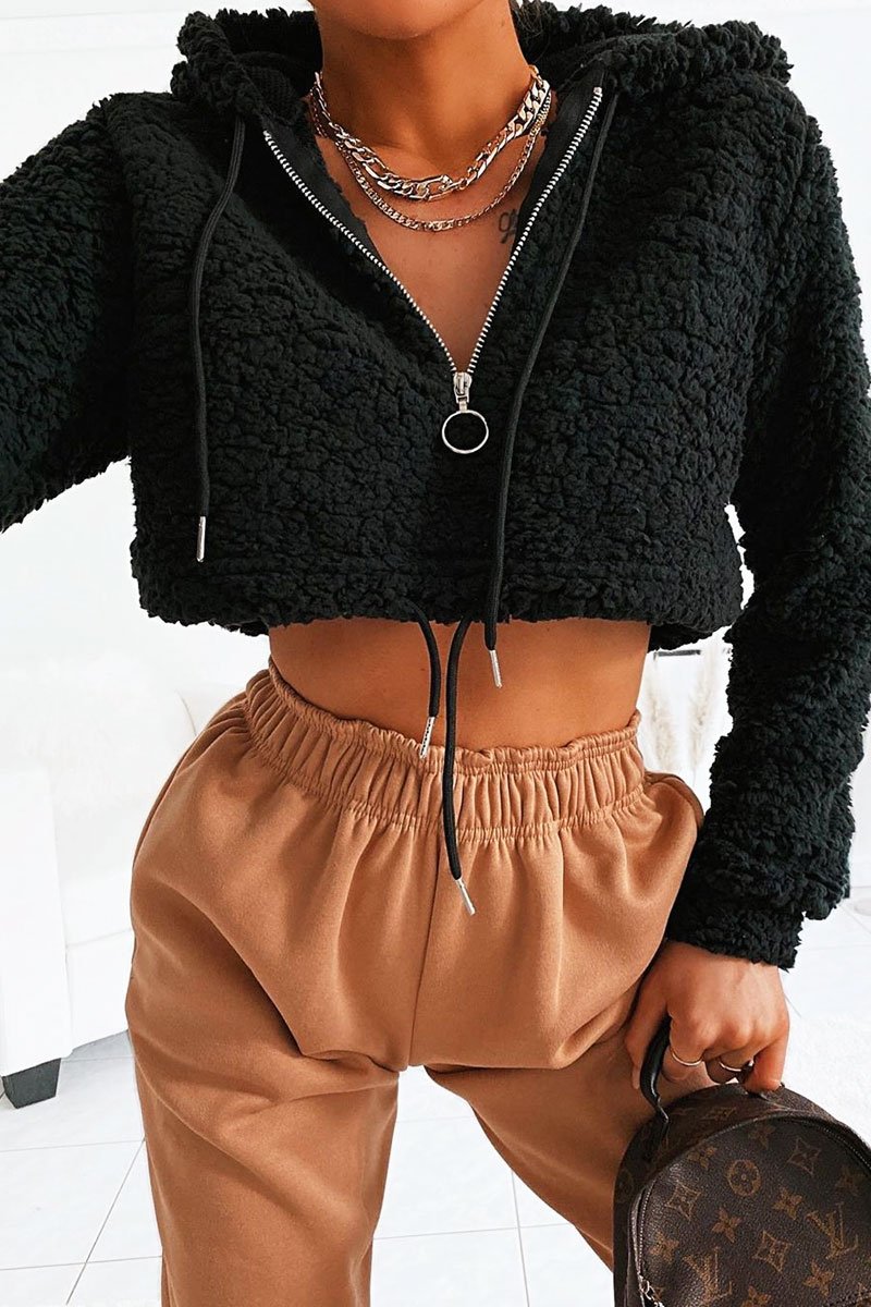 Black 3/4 Zip Cropped Teddy Jumper - Ethelyn-Jumper