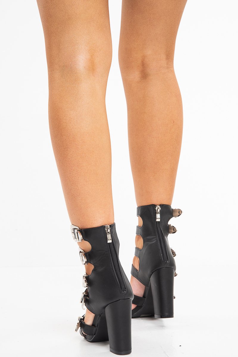 Black 5 Western Buckle Detail Block Heel - Soriah-Heels