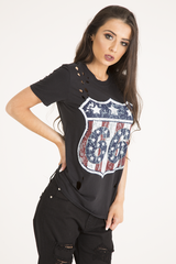 Black '66' Graphic Print Laser Cut Top - Gracie-Tops