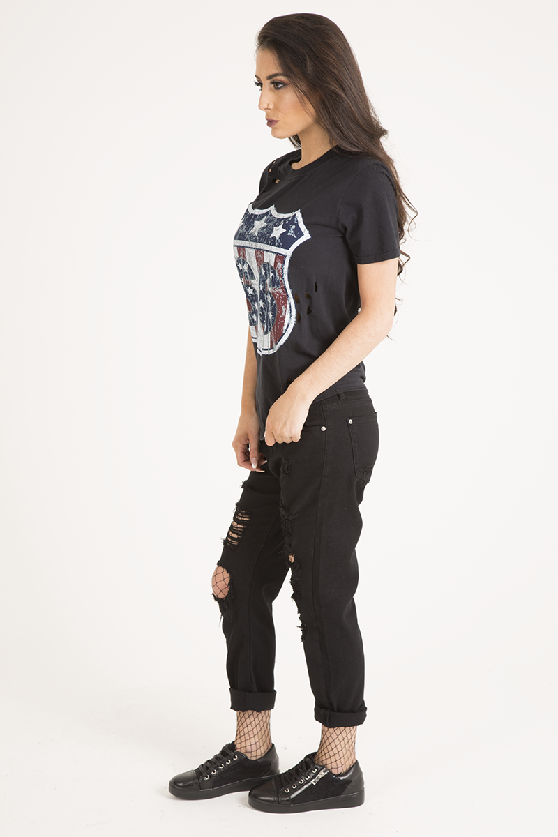 Black '66' Graphic Print Laser Cut Top - Gracie-Tops