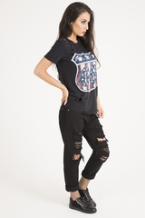 Black '66' Graphic Print Laser Cut Top - Gracie-Tops