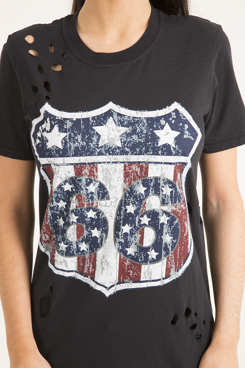Black '66' Graphic Print Laser Cut Top - Gracie-Tops