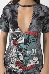 Black Acid Wash Cut Out Graphic Print T-Shirt Dress - Savannah-Dresses