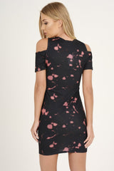 Black Acid Wash Cut Shoulder Lace Up Slogan T-shirt Dress - Ailsa-Dresses