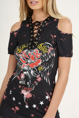 Black Acid Wash Cut Shoulder Lace Up Slogan T-shirt Dress - Ailsa-Dresses