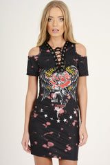 Black Acid Wash Cut Shoulder Lace Up Slogan T-shirt Dress - Ailsa-Dresses