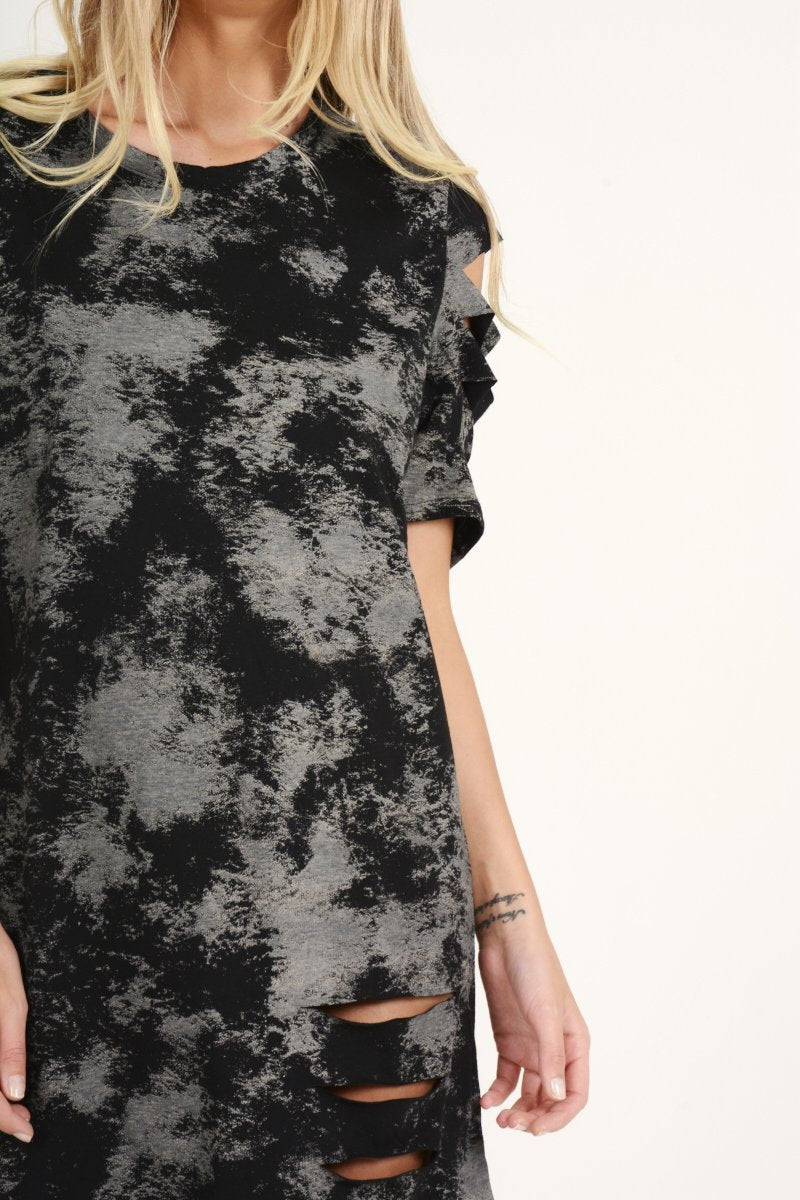 Black Acid Wash Distressed T-Shirt Dress - Sonja-Dresses