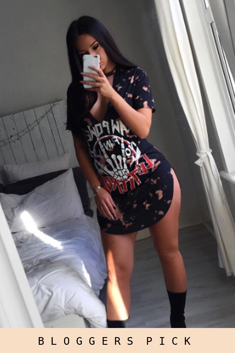 Black Acid Wash 'Raw Power' Print Cut Out Choker T-Shirt Dress - Paige-Dresses
