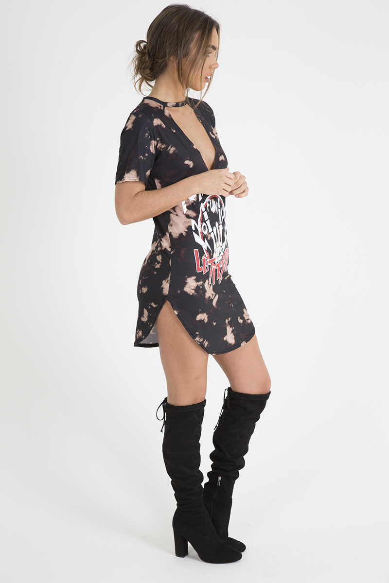 Black Acid Wash 'Raw Power' Print Cut Out Choker T-Shirt Dress - Paige-Dresses