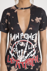 Black Acid Wash 'Raw Power' Print Cut Out Choker T-Shirt Dress - Paige-Dresses