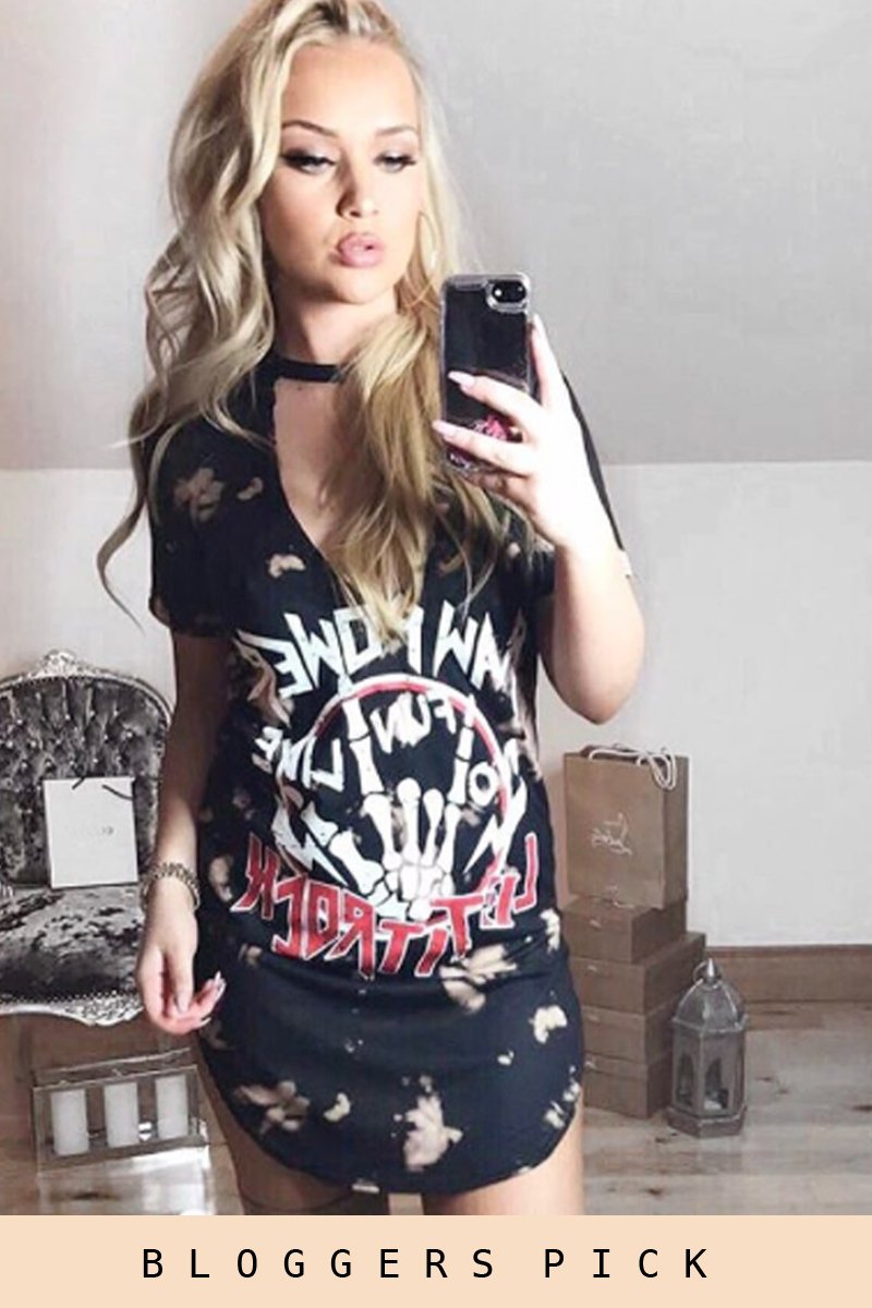 Black Acid Wash 'Raw Power' Print Cut Out Choker T-Shirt Dress - Paige-Dresses