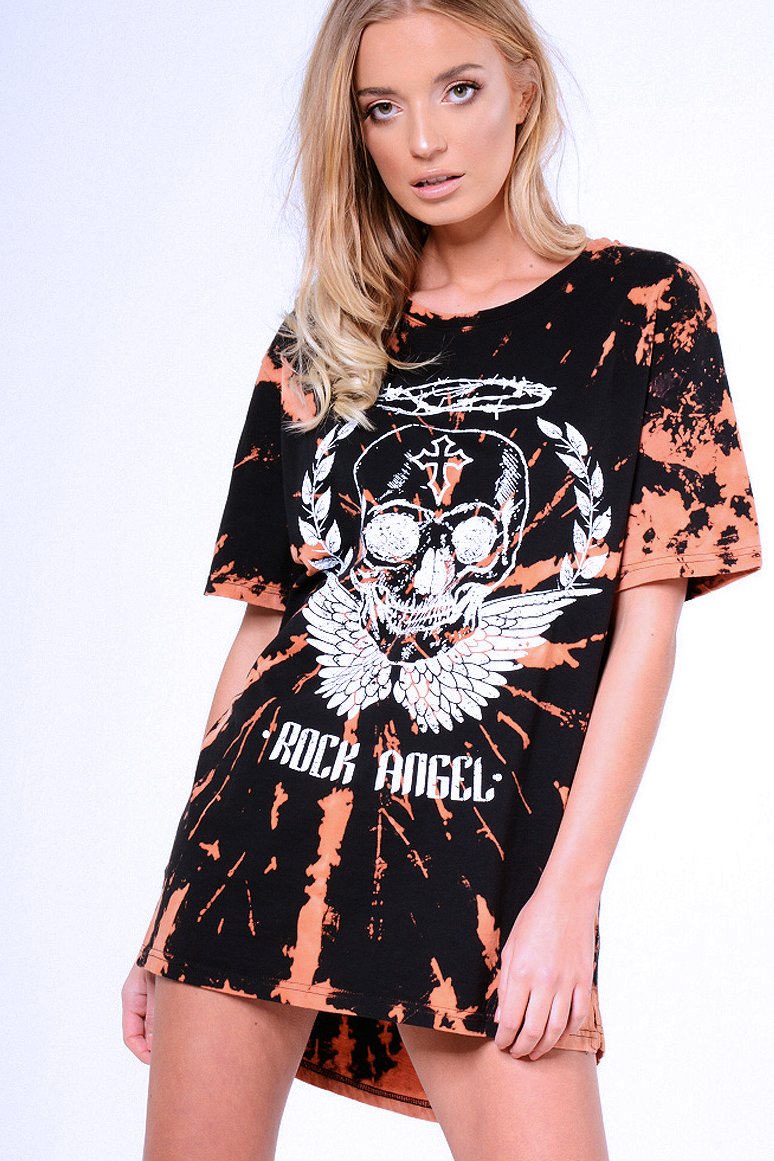 Black Acid Wash Tie Dye 'Rock Angel' T-Shirt Dress - Thea-Dresses
