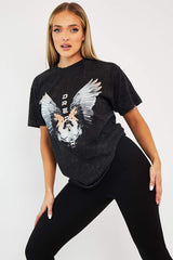 Black Acid Wash Wing Printed T-shirt - Itzia-T-shirt
