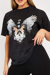 Black Acid Wash Wing Printed T-shirt - Itzia-T-shirt