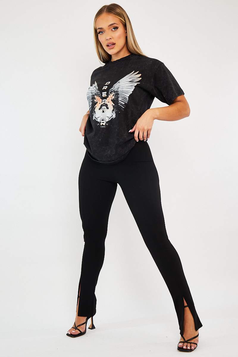 Black Acid Wash Wing Printed T-shirt - Itzia-T-shirt